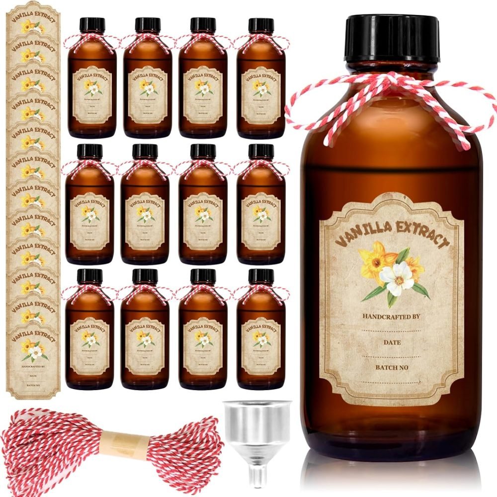 12 Pack 2 Ounce Amber Glass Bottle with Lids Vanilla Extract Homemade Brown Bottle 2 oz and 12Pcs Vanilla Extract Stickers for Syrup Gift Glass Food Storage Canister Set Sauce Beans