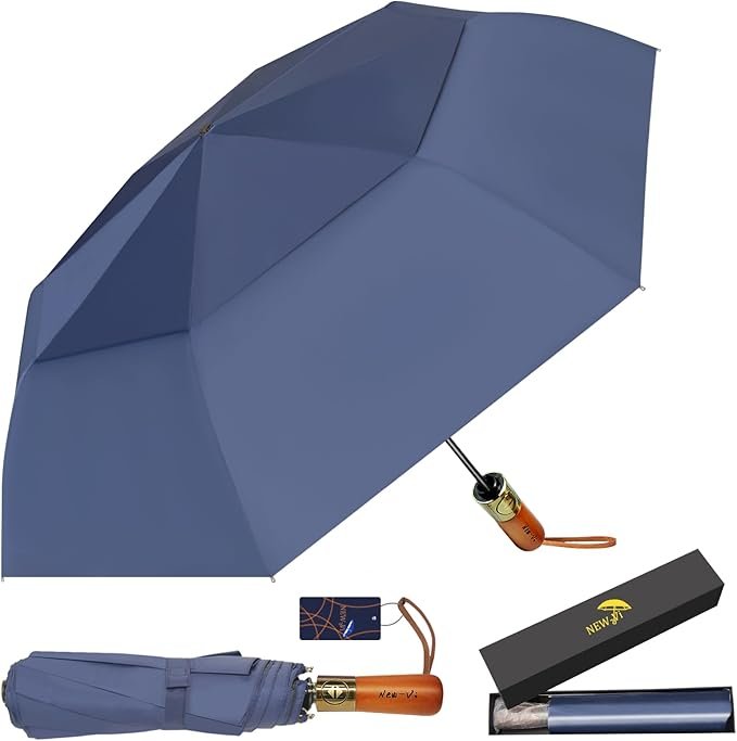 NEW-Vi 54 Inch Large Compact Golf Umbrella - UPF 50+ UV Black Coating - Oversize Double Canopy Vented Windproof Waterproof Umbrella Automatic Open Close fold Heavy Duty Umbrella for Rain