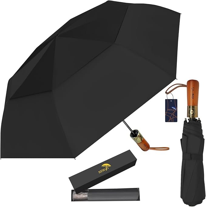 NEW-Vi 54 Inch Large Compact Golf Umbrella - UPF 50+ UV Black Coating - Oversize Double Canopy Vented Windproof Waterproof Umbrella Automatic Open Close fold Heavy Duty Umbrella for Rain