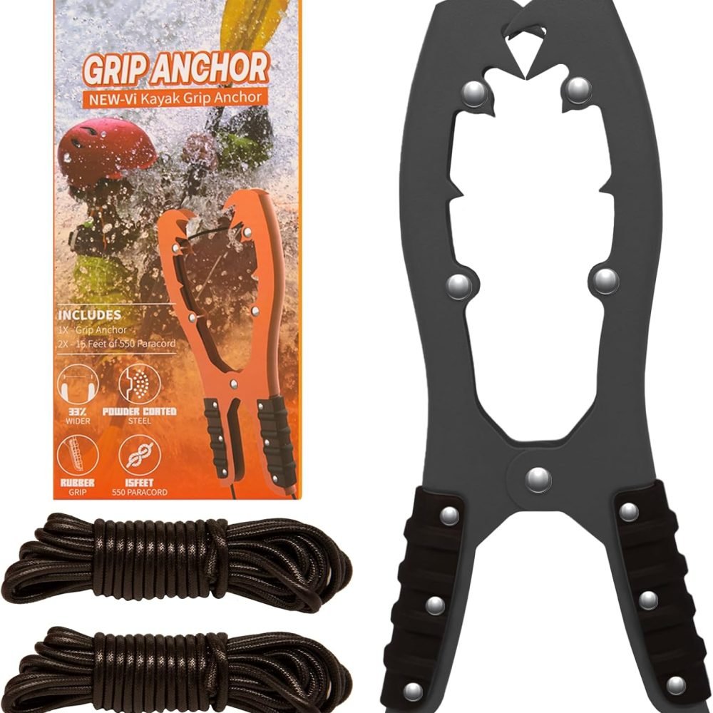 Kayak Anchor Grip - Boat, Float Tube & Kayak Accessories for Fishing, Kayaking Equipment - Brush Clamp Anchor with Teeth - Anchor Wizard Gripper with 16.4ft Paracord - Rubber Grips - Coated Steel