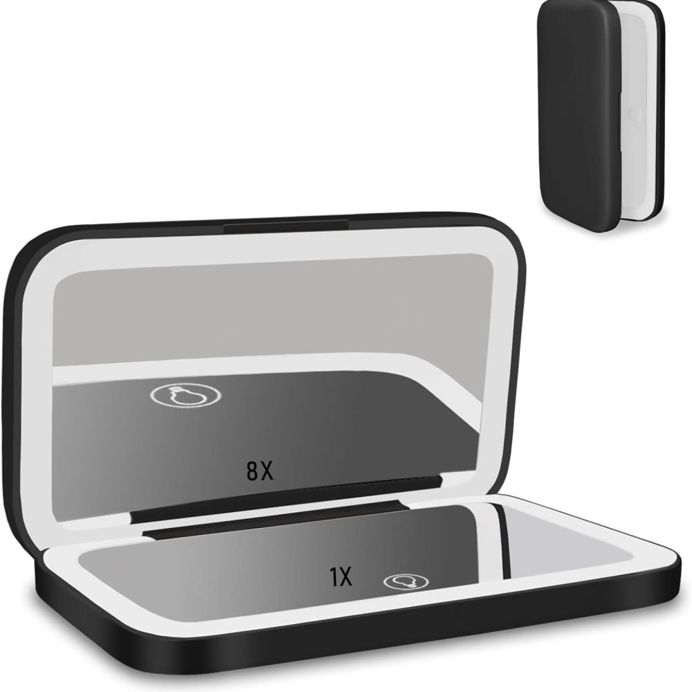 Travel Makeup Mirror -1x/8x Magnifying Mirror- 3 Color Lighting with LED - Pocket Mirror Double Sided Dimmable USB Recharaeable Touch Screen Portable Compact Travel Essential (Black)