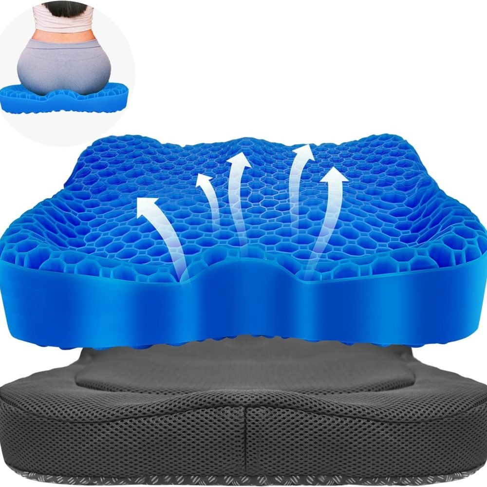 Cooling Gel Seat Cushion, Thickened Big Breathable Honeycomb Design Absorbs Pressure Points Gel Cushion with Anti-Slip Cover Cooling Seat Cushion for Office Chair Home Car Seat Cushion for Wheelchair