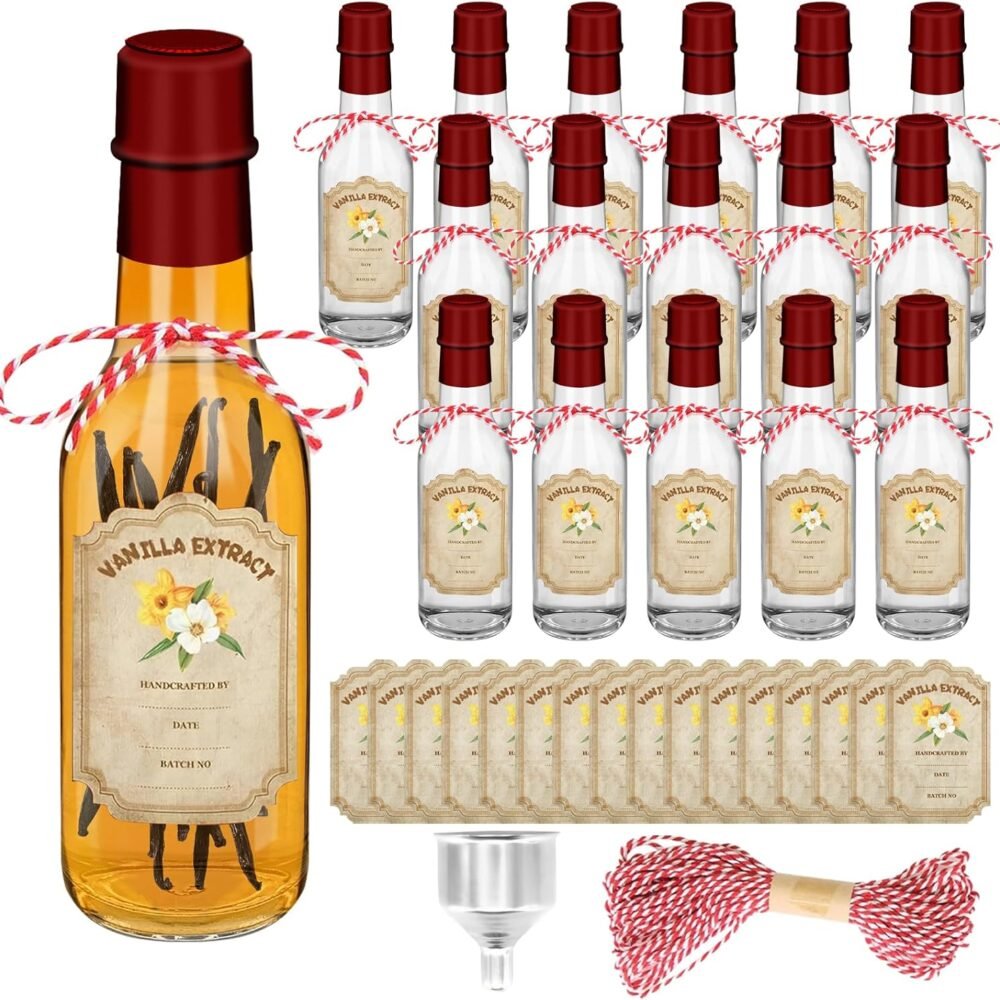 16 Pack Glass Vanilla Extract Bottles 5 oz with Lids, Vanilla Extract Labels, Shrink Band and Funnel, Glass Jar Vanilla Bottles for Syrup, Jars for Vanilla Extract