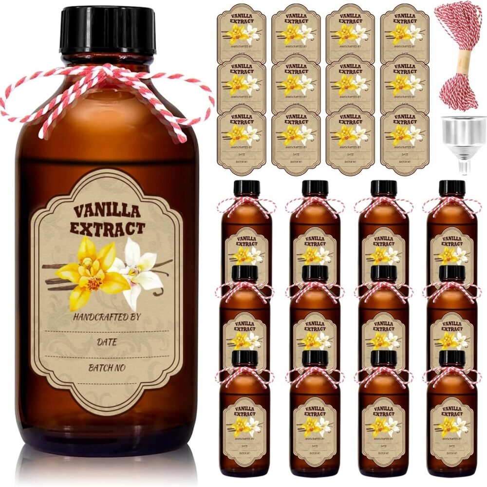 12 Pack Amber Glass Vanilla Extract Bottles 4 oz with Lids, 12 PCS Vanilla Extract Labels and Funnel, Glass Boston Vanilla Bottles for Syrup Gift, Jars Glass Bottles for Vanilla Extract