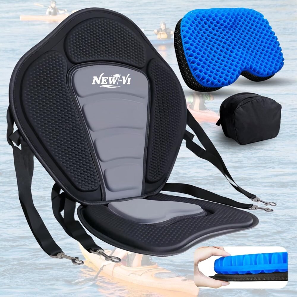 NEW-Vi Deluxe Kayak Seat with Gel Cushion & Storage Bag - Padded Ergonomic Backrest for Kayak, Canoe, SUP, Fishing Boat - Anti-Slip & Waterproof