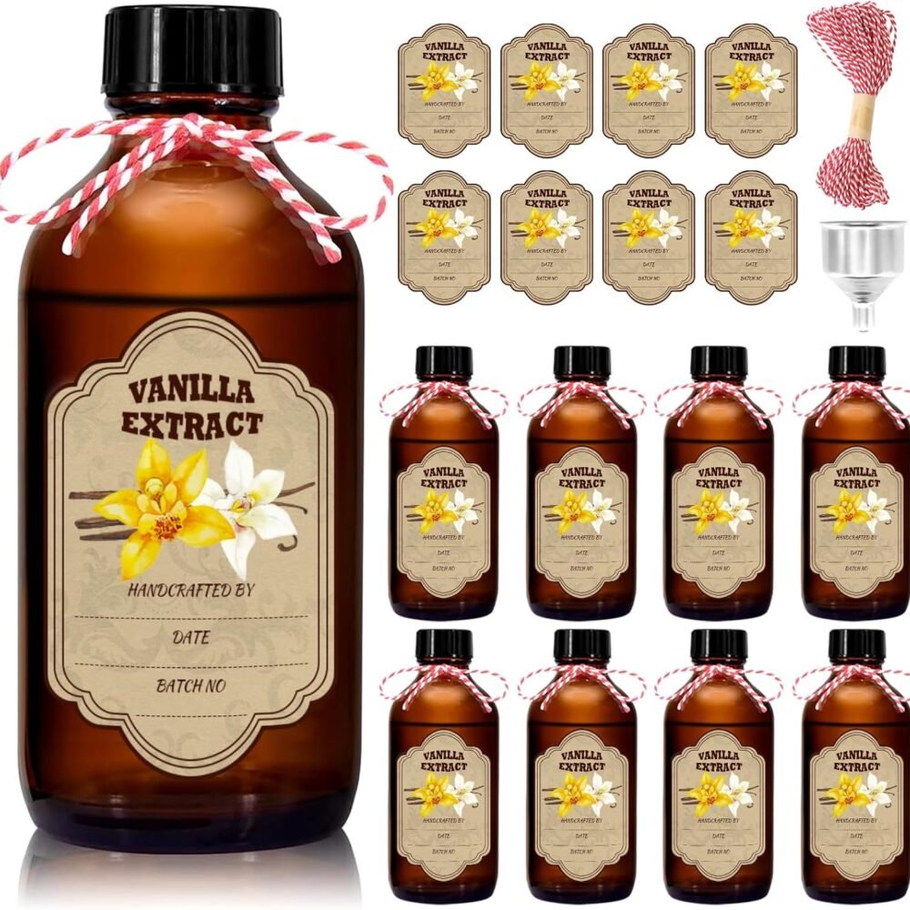 8 Pack Amber Glass Vanilla Extract Bottles with Lids, 8 PCS Vanilla Extract Labels and Funnel, Glass Boston Vanilla Bottles for Syrup Gift, Jars Glass Bottles for Vanilla Extract (8oz)