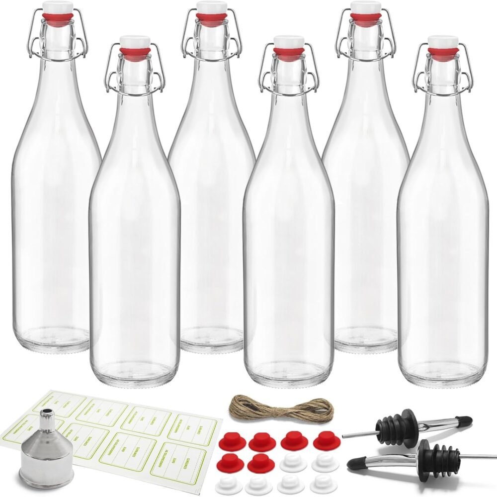 6 Pack [1 Liter / 33 fl. oz.] Swing Top Glass Bottles – Airtight Flip Top Brewing Bottles for Kombucha, Beer, Wine, Kefir, Soda, Liquor – Includes Funnel, 2 Pourers, 6+6 Seals, 6 Labels & Jute Twine