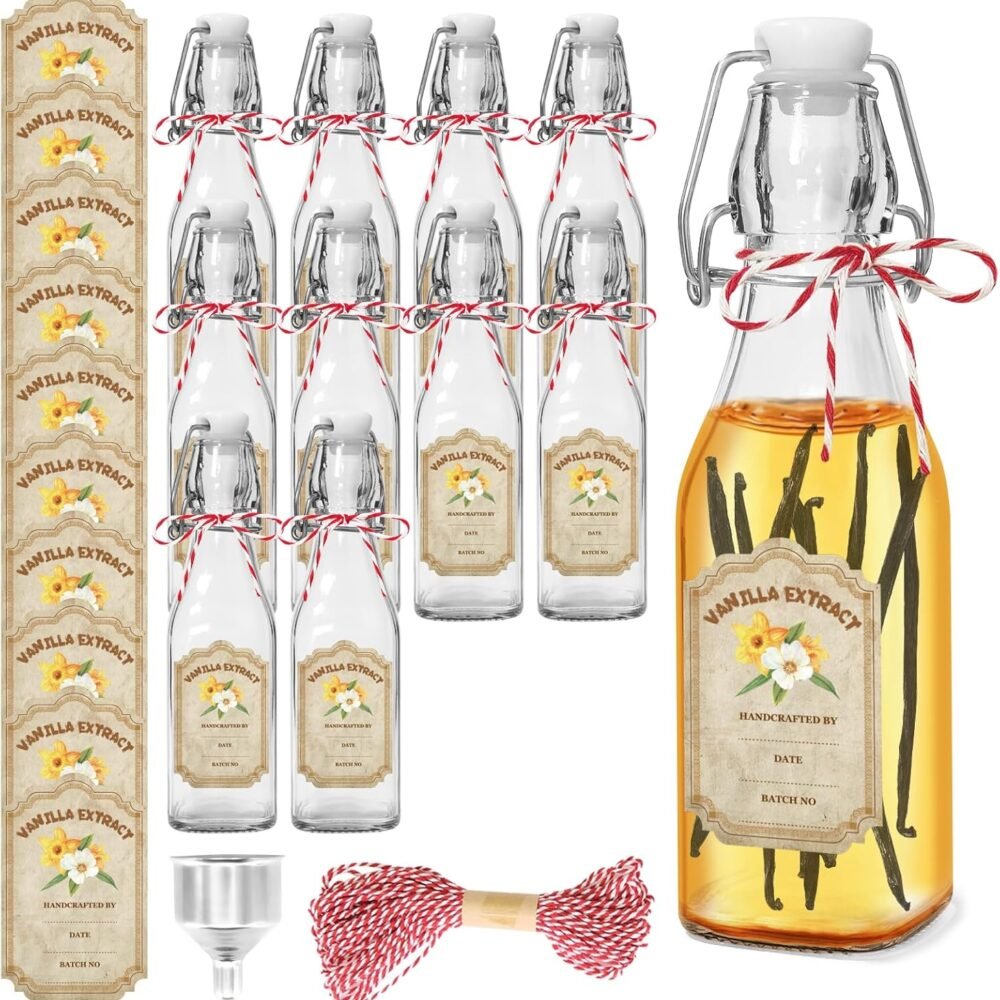 10 Pack Swing Top Glass Vanilla Extract Bottles 8 oz with Lids, Vanilla Extract Labels and Funnel, Glass Boston Vanilla Bottles for Syrup Gift, Flip Top Glass Bottles Jars for Vanilla Extract