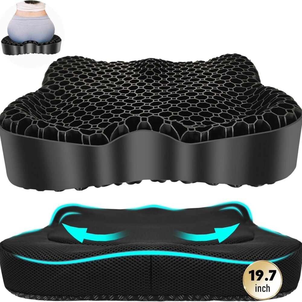 Cooling Gel Seat Cushion, Thickened Big Breathable Honeycomb Design Absorbs Pressure Points Gel Cushion with Anti-Slip Cover Cooling Seat Cushion for Office Chair Home Car Seat Cushion for Wheelchair