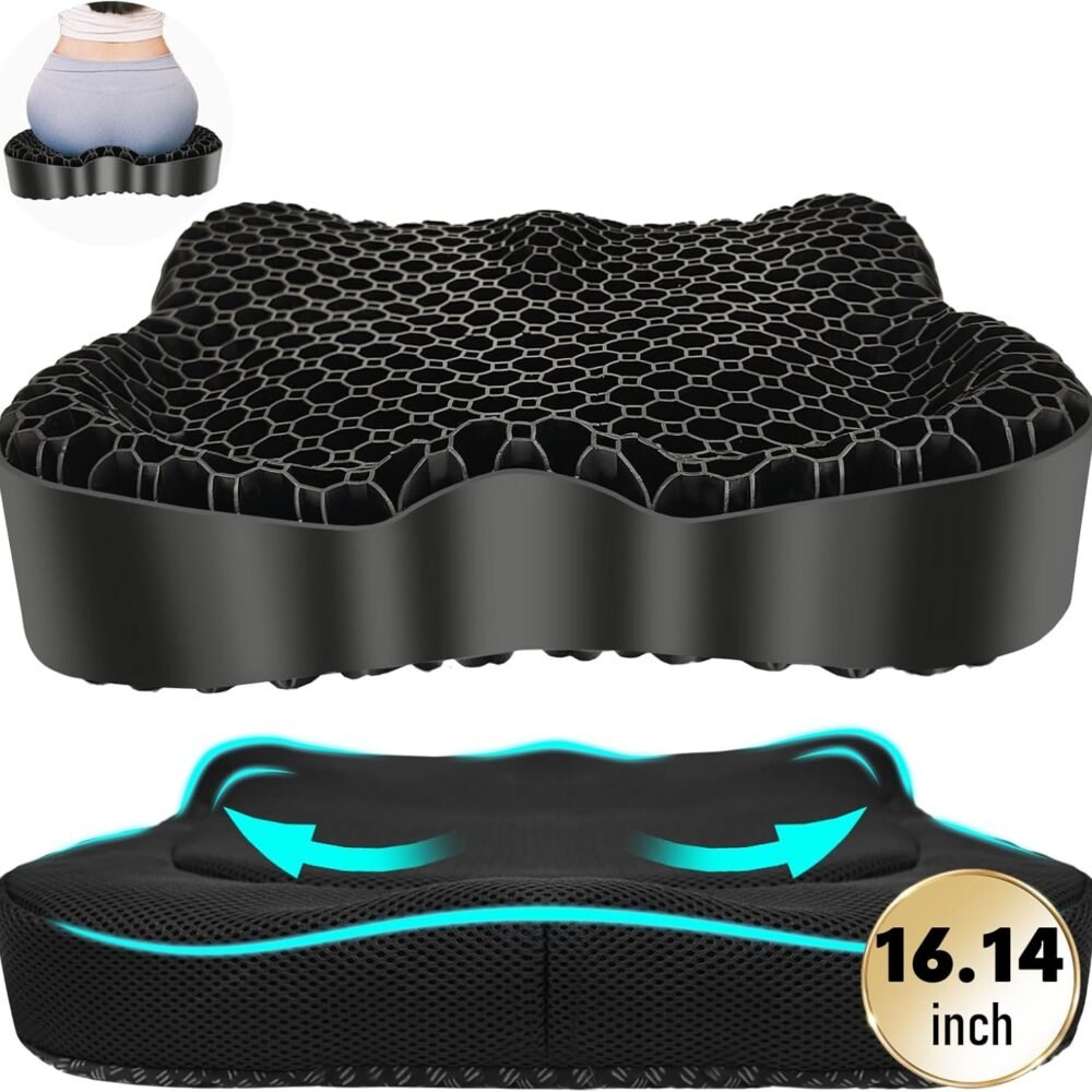 Cooling Gel Seat Cushion, Thickened Big Breathable Honeycomb Design Absorbs Pressure Points Gel Cushion with Anti-Slip Cover Cooling Seat Cushion for Office Chair Home Car Seat Cushion for Wheelchair