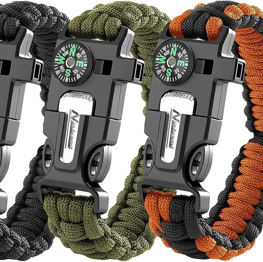 Paracord Survival Bracelet (3 Pack) - Adjustable with Fire Starter, Whistle, Compass - Survival Gear for Hiking, Camping, Fishing, Gifts for Men Dad Husband