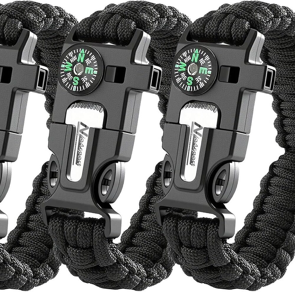 Survival Paracord Bracelet with Fire Starter 4-IN-1 SURVIVAL ESSENTIALS – Our paracord survival bracelet combines a fire starter bracelet, loud hiking whistle, easy-read wrist compass, and 10ft military-grade paracord. A must-have survival kit for hiking gear and camping essentials. STAY PREPARED IN EMERGENCIES – This emergency bracelet features a fire starter to avoid hypothermia, a whistle to signal for help, and paracord for survival gear and supplies. Perfect compass hiking survival tool for outdoor adventures. ADJUSTABLE FOR EVERYONE – Designed to fit men and women(7"-9.5"). These survival bracelets for men also work as paracord survival bracelets. Ideal survival paracord bracelet for scouts and backpackers. 3-PACK ALL-BLACK DESIGN – Get three paranoid survival bracelets in one paracord bracelets kit. Great for group trips, keeping in your car, backpack, or as part of your survival gear and supplies. LIGHTWEIGHT & RELIABLE – Made from durable paracord, these paracord bracelets survival tools are essential hiking gear and camping gear. A reliable survive compass hiking survival companion for all outdoor activities. Gifts for Men: For those who love the outdoors, this is sure to be a unique gift for fathers, husbands, boyfriends, scouts, cool gadgets, and Christmas stocking stuffers for birthdays, Valentine's Day, and Christmas! This will give your loved ones a surprise.
