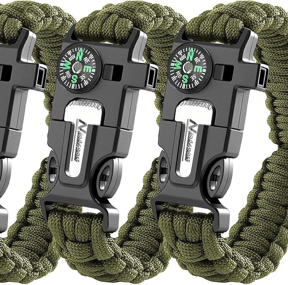 Paracord Survival Bracelet (3 Pack) - Adjustable with Fire Starter, Whistle, Compass - Survival Gear for Hiking, Camping, Fishing, Gifts for Men Dad Husband