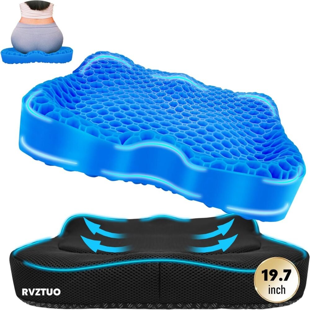 Cooling Gel Seat Cushion, Thickened Big Breathable Honeycomb Design Absorbs Pressure Points Gel Cushion with Anti-Slip Cover Cooling Seat Cushion for Office Chair Home Car Wheelchair Stadium Bleachers