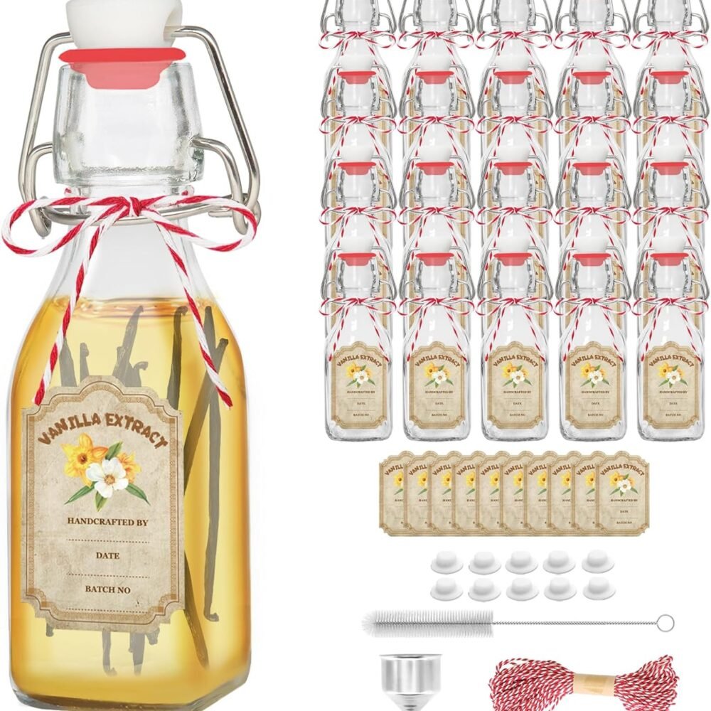 20 Pack Swing Top Glass Vanilla Extract Bottles 4 oz with Lids, Vanilla Labels & Funnel, Boston Square Bottles for Homemade Syrup, DIY Gifts, Flip Top Jars for Extract