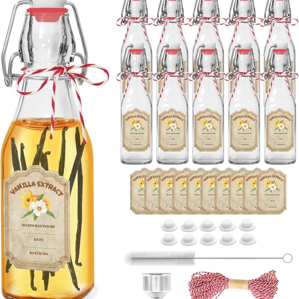 10 Pack Swing Top Glass Vanilla Extract Bottles 8 oz with Lids, Vanilla Labels & Funnel, Boston Square Bottles for Homemade Syrup, DIY Gifts, Flip Top Jars for Extract