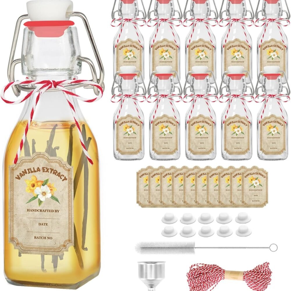 10 Pack Swing Top Glass Vanilla Extract Bottles 4 oz with Lids, Vanilla Labels & Funnel, Boston Square Bottles for Homemade Syrup, DIY Gifts, Flip Top Jars for Extract