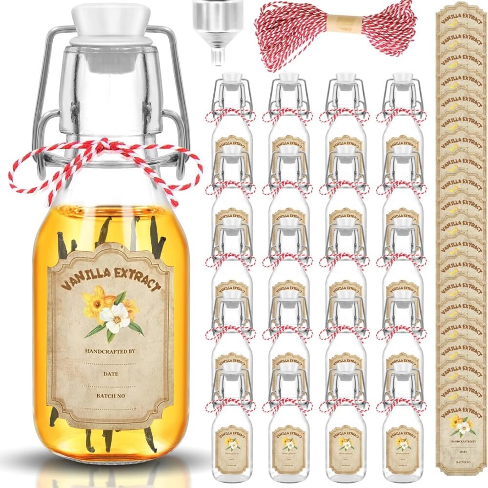 20 Pack Swing Top Glass Vanilla Extract Bottles 4 oz with Lids, Funnel and Vanilla Extract Labels, Boston Vanilla Bottles for Syrup Gift, Flip Top Glass Jars