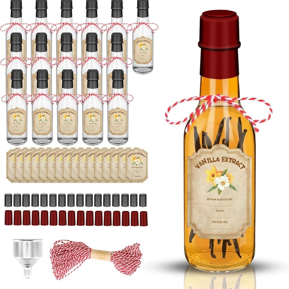 16 Pack 5 oz Glass Vanilla Extract Bottles with Lids, Labels, Shrink Bands & Funnel – Ideal for Syrup, Essential Oils, and Homemade Extract Gifting