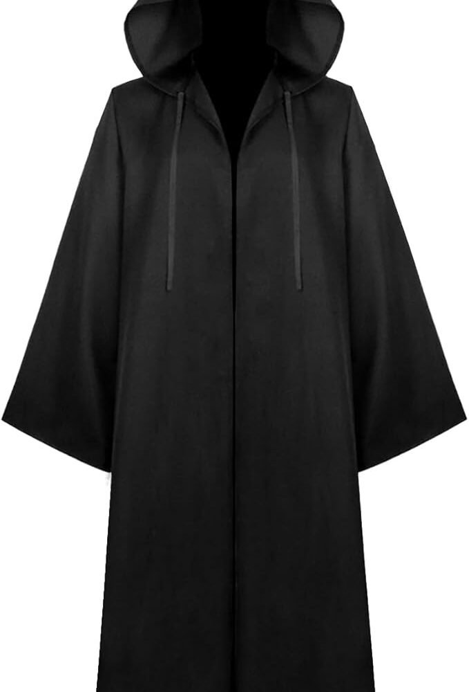 Men's Black Medieval Cloak Hooded Robe Costume - Halloween Cosplay Knight Cape Tunic Uniform for Adults