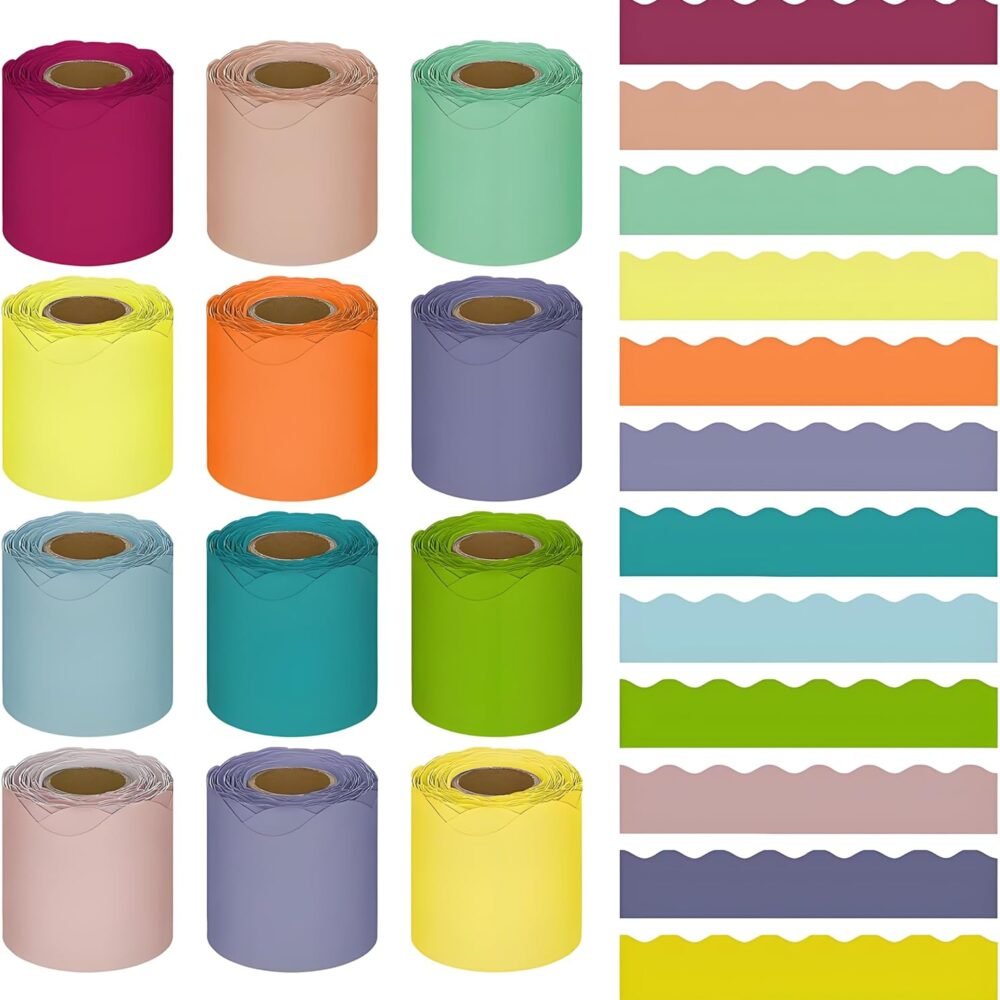 12 Rolls 480 Feet Scalloped Bulletin Board Borders Bulletin Board Trim for Classroom Decoration, 12 Assorted Colors