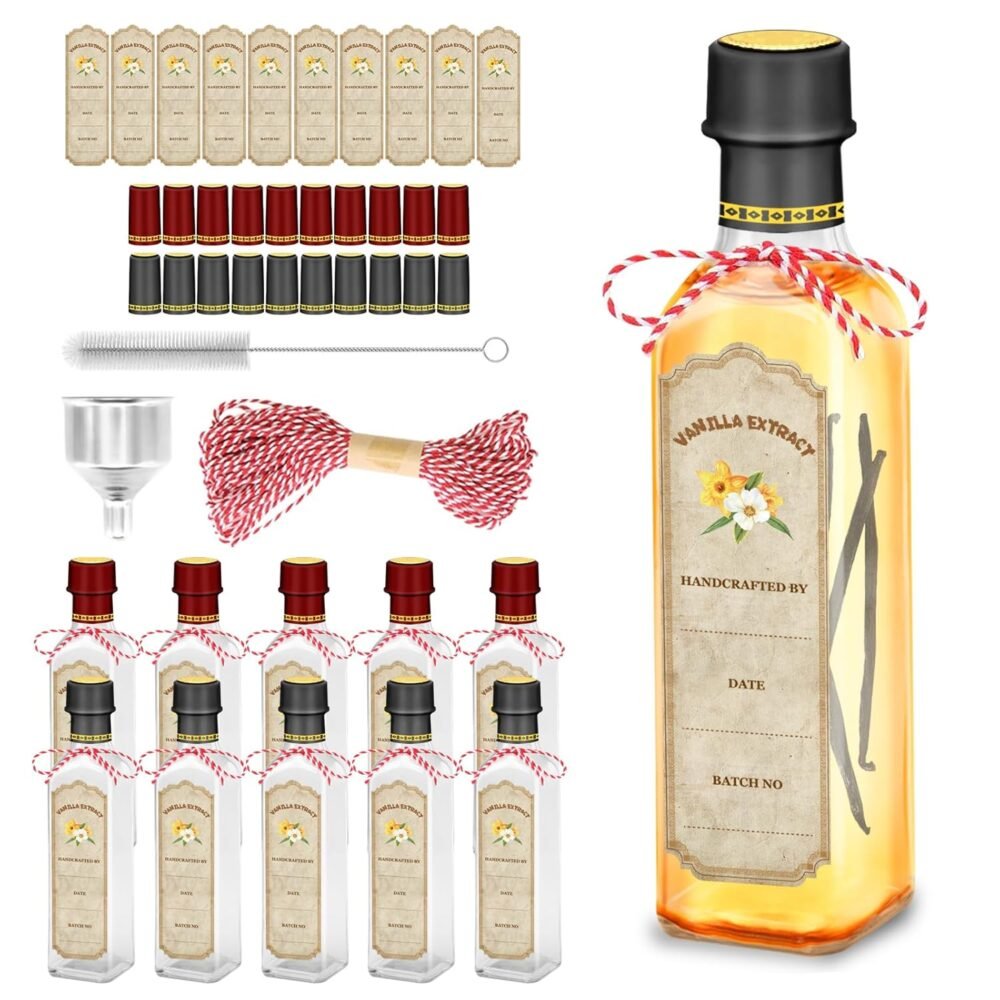 10-Pack Glass Vanilla Extract Bottles 8 oz with Lids, Labels, Shrink Bands & Funnel – Ideal Glass Jars for Syrup, Extract, and Essential Oils