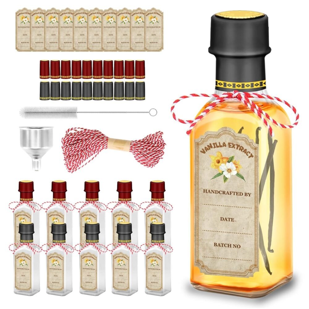 10-Pack Glass Vanilla Extract Bottles 5 oz with Lids, Labels, Shrink Bands & Funnel – Ideal Glass Jars for Syrup, Extract, and Essential Oils