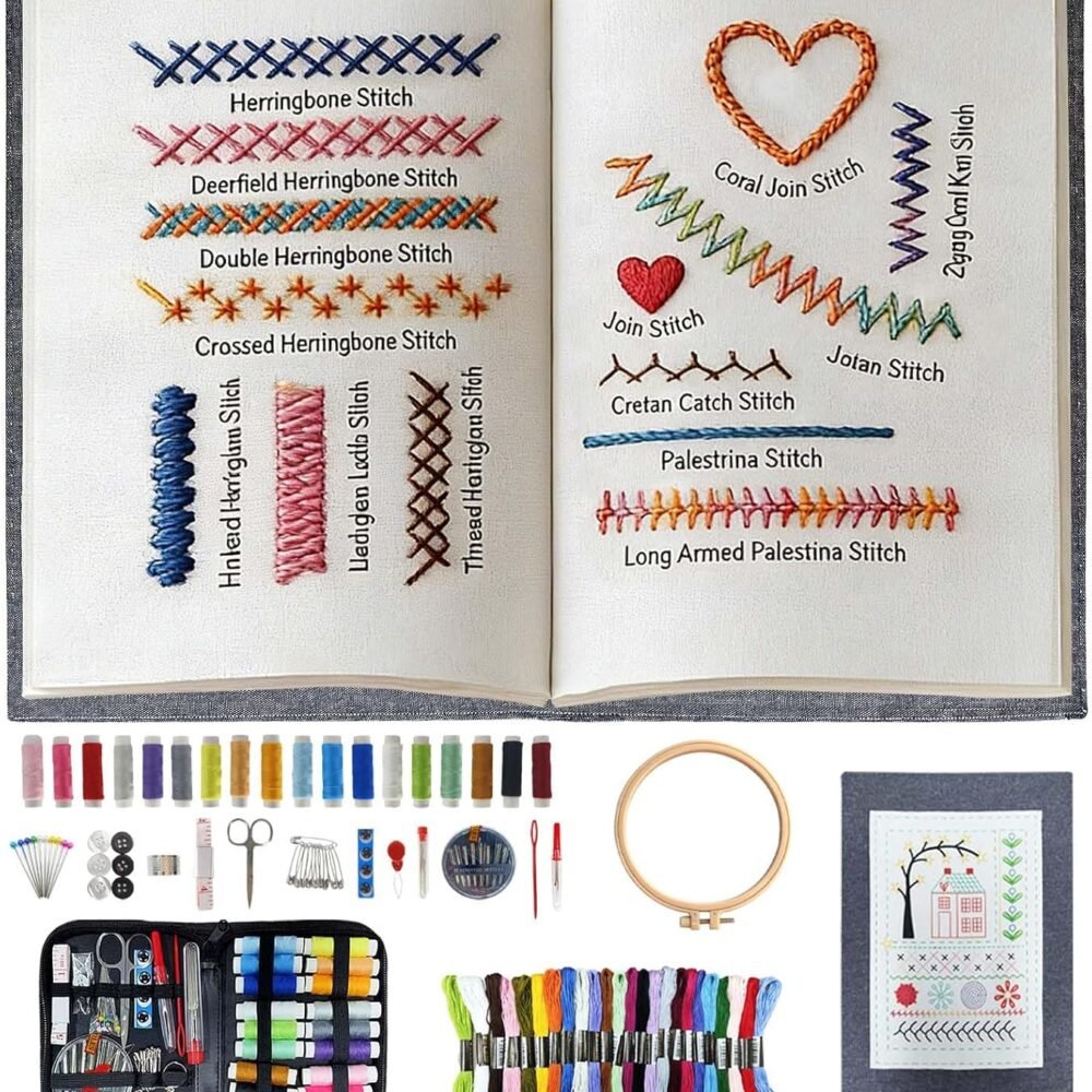 Embroidery Stitch Book Kit for Adults & DIY Craft Enthusiasts, Portable Embroidery Kit for Beginners, Includes Guide to 106 Patterns with Tools & Tutorials and 86-Piece Sewing Tool Set (1 Kit)