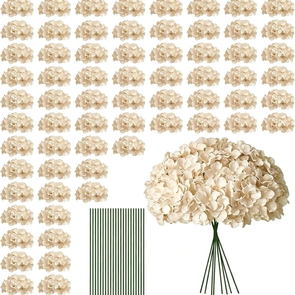 100 PCS Champagne Hydrangea Artificial Flowers, Faux Hydrangea Flowers, Fake Hydrangeas, Silk Hydrangea Flowers with Stems, Artificial Flowers Bulk for Wedding Party Decor Bulk Artificial Flowers