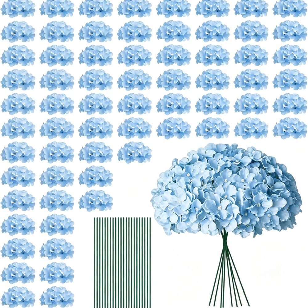 100 PCS Blue Hydrangea Artificial Flowers, Faux Hydrangea Flowers, Fake Hydrangeas, Silk Hydrangea Flowers with Stems, Blue Artificial Flowers Bulk for Wedding Party Decor Bulk Artificial Flowers