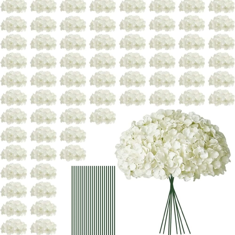 100 PCS White Hydrangea Artificial Flowers, Faux Hydrangea Flowers, Fake Hydrangeas, Silk Hydrangea Flowers with Stems, White Artificial Flowers Bulk for Wedding Party Decor Bulk Artificial Flowers