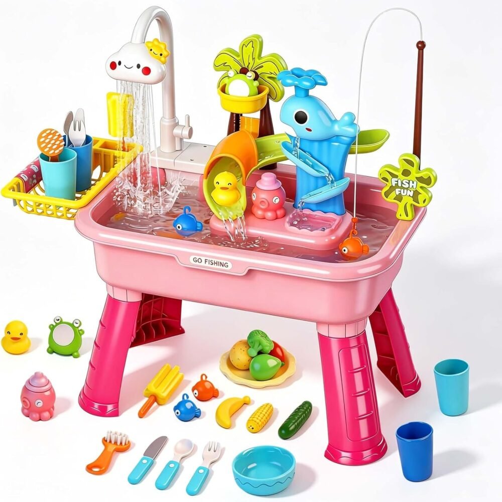 2026 Upgraded Water Table for Toddlers 1-3, Outdoor Water Play Table for Kids Ages 4-8 with Pump, Toddler Water Table, Play Sink with Running Water, Kitchen Sink Toy, Fishing Game, Sensory Table, Pink